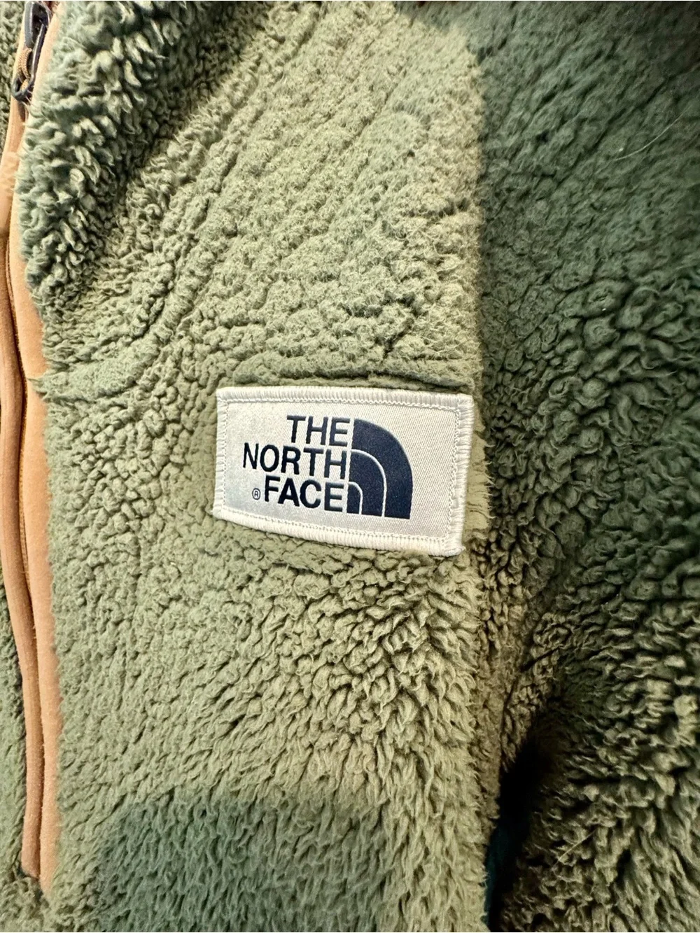 The North Face Men’s Olive Green Sherpa Pullover with Tan Trim